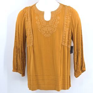 John Mark Embroidered Tunic Top Blouse  Womens Size Large Yellow Boho Peasant
